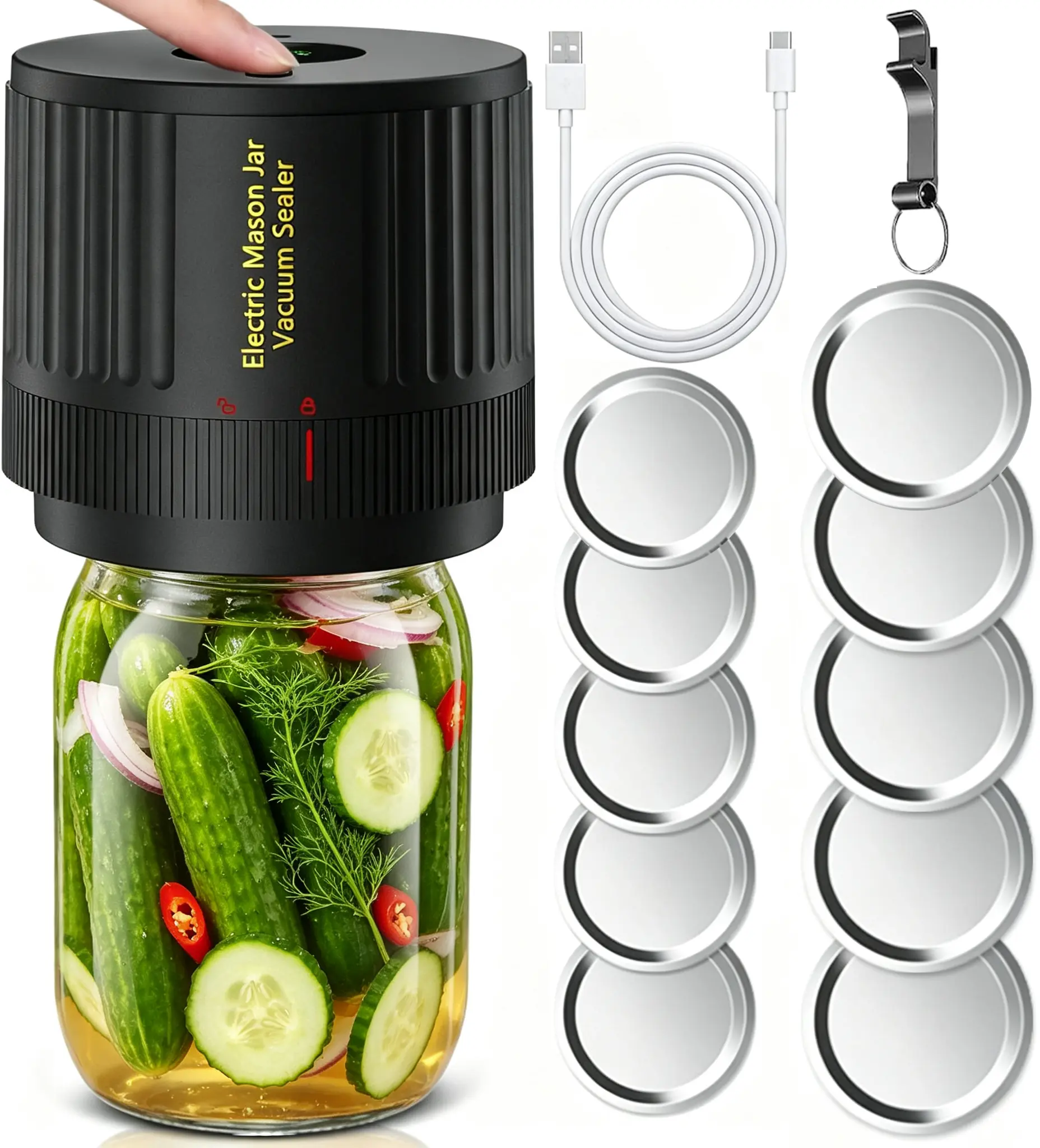 Upgraded Portable Electric Mason Jar Vacuum Sealer Set with 12 Accessories - Smart Automatic-Stop Function, Secure Non-Slip Seal, Easy 1-Touch Operation - Ideal for Salad Jars, Meal Prep - Household Essential Appliance homeessentials