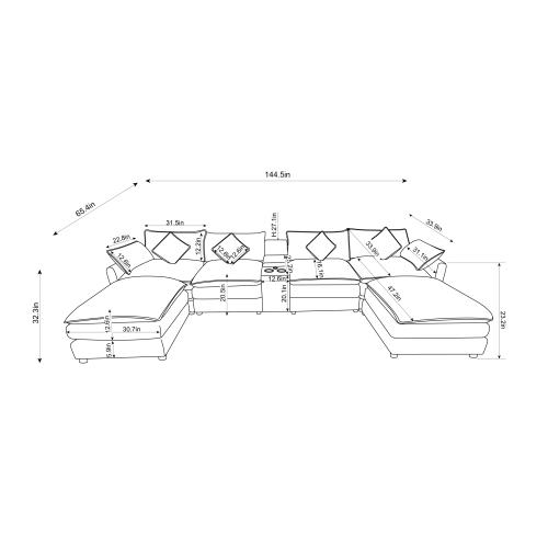 Niccae 6-Seater Contemporary Sectional Chenille Fluffy Sofa - Modular Boneless Sectional Couch with Storage, Cup Holders, Guest Bed, Modern Sofas Couches for Apartment Indoor Living Rooms (4-Package Delivery)