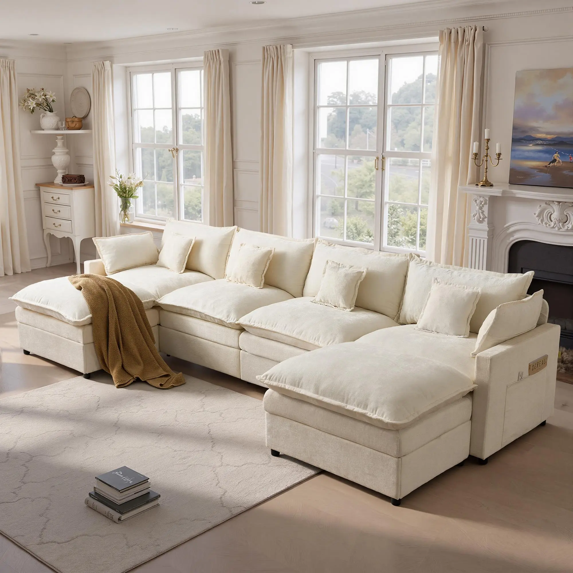 143" Beige Chenille - 4 Seater(3 Packages)