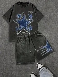 American High Street Washed Star Set, Denim Patch Thorn Star Print Short Sleeve + Drawstring Shorts, Loose Fit Unisex, Casual Style