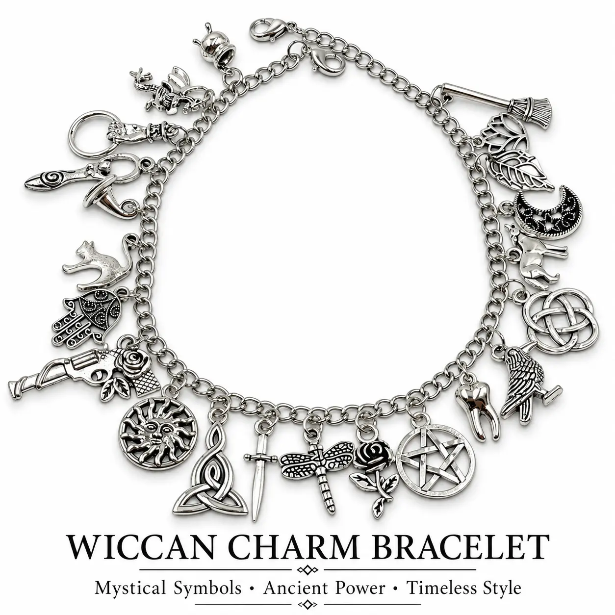 Dark Gothic Multi-Charm Zinc Alloy Ankle Bracelet - Witchy Jewelry with Pentagram Motif, Raven, Celtic Knot, Unisex Multi-Charm Set, Magical Niche Aesthetic Costume Accessory, Sohochic