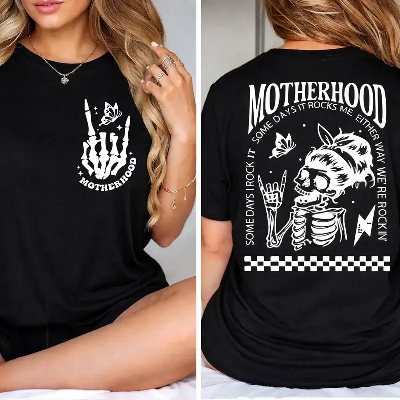 Chatty Phrase Slogan Women's Cotton T-Shirt, Unisex Cotton Sweatshirt, "Motherhood: Sometimes I Rock It, Sometimes It Rocks Me" Design, Ideal for Mothers, Mother's Day Gift, Chatty Phrase Slogan Women's T-Shirts, Shortsleeve, Lady, Casual, Fitted, Apparel