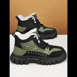 Men's High-Top Fleece Lined Snow Boots, Military Colorblock Thick Sole Non-Slip Outdoor Winter Footwear Boy Walking Shoes