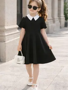 Girls' College Style Turnover Collar Short Sleeve Dress, Summer Casual for Ages 3-8, Fitted Mini Embroidered Dress, Girl Clothes School