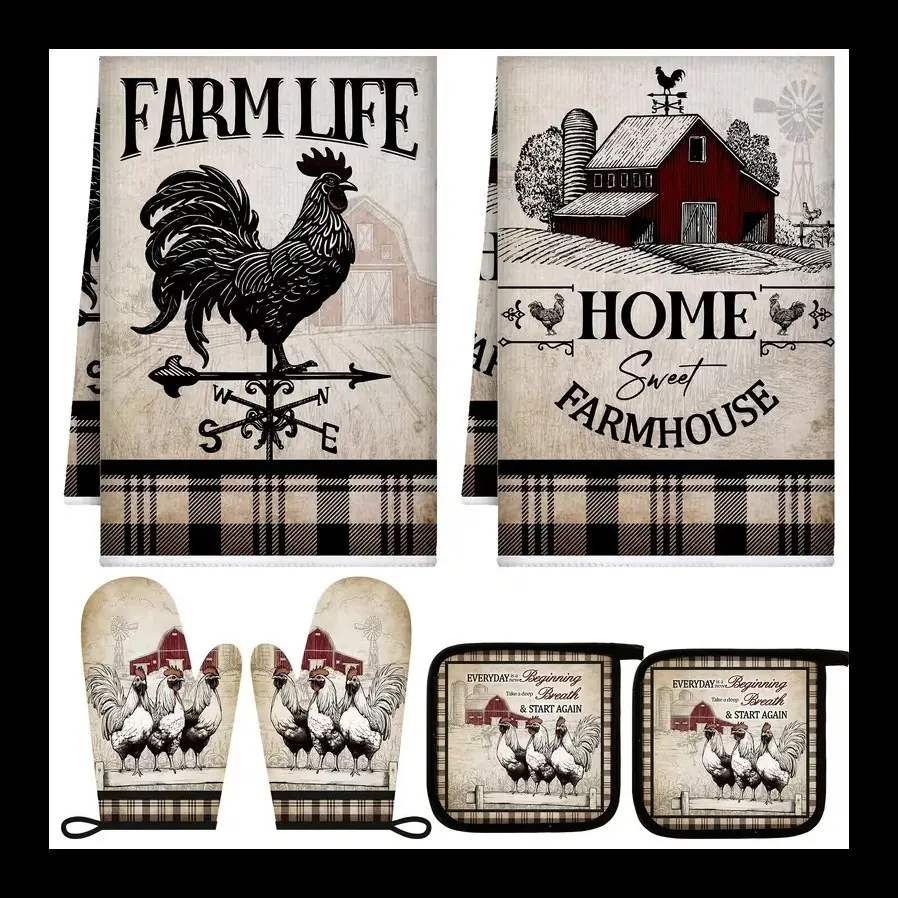 6 Farmhouse Rooster Chicken Oven Mitts, Potholders & Towels