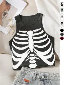 Hot skull print cropped tank top! Ribbed fabric, vintage Y2K aesthetic—perfect for everyday home wear, wild parties, and street fashion. Available in multiple colors! Popular cute ghost style top on TikTok!