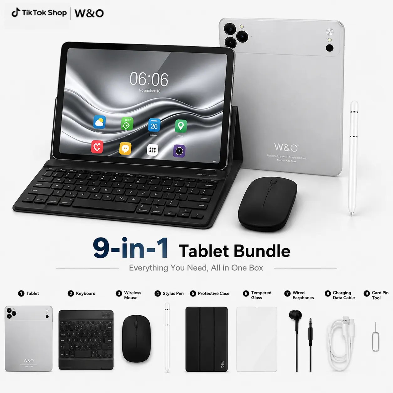 W&O 2026 11-Inch Tablet with Android 15, 12GB RAM, 256GB Storage, 10000mAh Battery, 5G WiFi, Dual Camera, Slim Portable Design, Complete Tablet Set with Keyboard, Wireless Mouse, Protective Case & Stylus for Work, Study and Travel