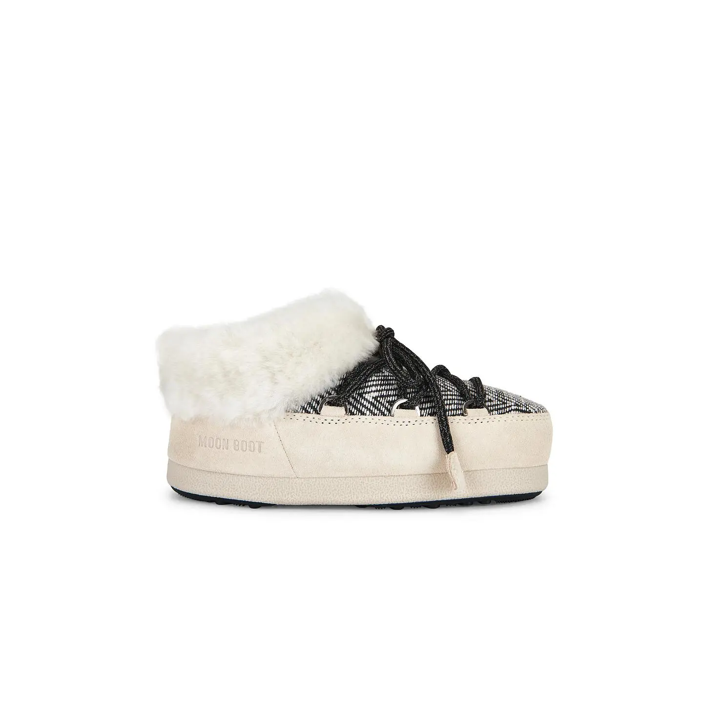 Women's MOON BOOT X Guest in Residence Evx Chalet Mule Footwear - White Sand, Lace-Accented Shoe, Fur-Lined, Rubber Sole