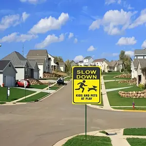 Metal Yard Sign - "Slow Down Kids and Pets at Play" | Reflective Safety Traffic Sign | Pre-Drilled Holes for Easy Mounting | Multipurpose Outdoor Use for Streets, Schools, Playgrounds | English Text - 1pc, 12x8 inches