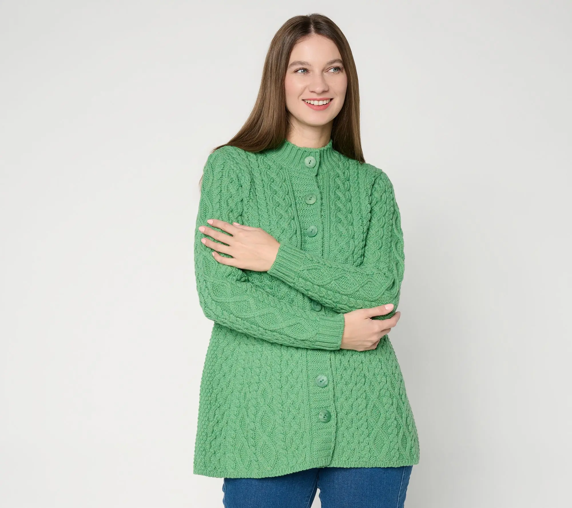 Aran Crafts Merino Wool Peplum Button Front Cardigan