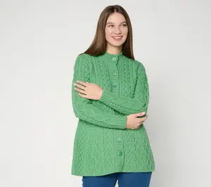 Aran Crafts Merino Wool Peplum Button Front Cardigan