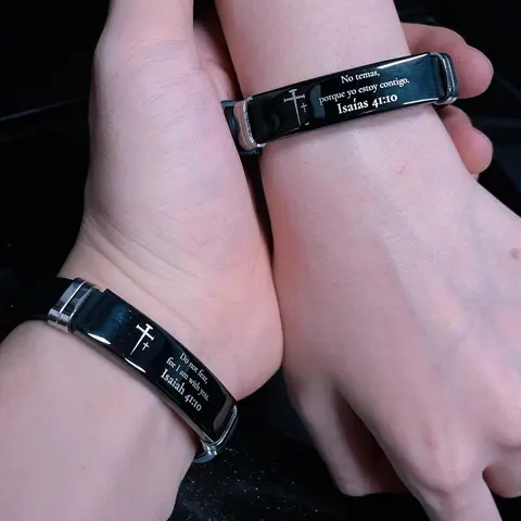Christian Cross Charm Silicone-Steel Adjustable ID Bracelet - Soft Comfy Inspirational Bible Quotes, Fits Most Wrist Sizes, Choking Hazard Small Parts, Men's Fashion Costume Jewelry, Affordable Religious Christmas Perfect Gift Options for Fathers