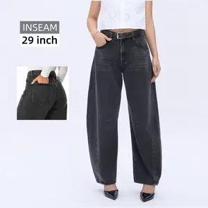 SHAPUM High Waist Baggy Jeans for Women Retro Washed Knife Edge Denim Pants Casual Pockets Solid Black Wide Leg Jeans Loose Fit Ankle Length Barrel Trousers