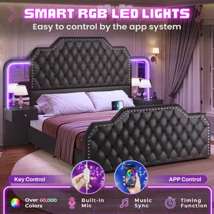 SIKAIC PU Leather Upholstered LED Bed Frame with 2 Nightstands & 2 Mirrors, Black Modern Platform Bed with Storage Headboard, Bedroom Furniture Set