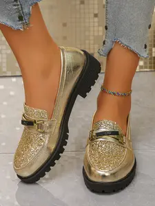 Women's Summer New Sequined Thick Sole Loafers, Flat Metal Buckle Design PU Leather Casual Shoes, Round Toe Low Heel Fashion Footwear