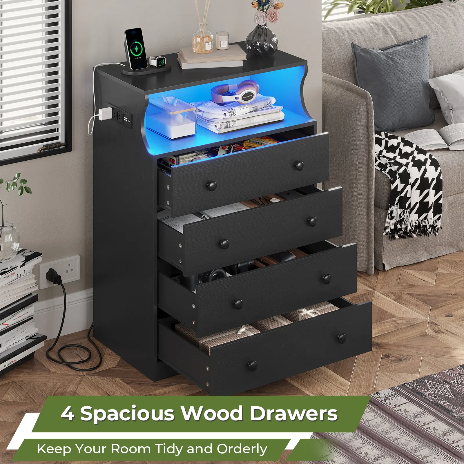 Hasuit Black Dresser with Charging Station, 4 Drawers LED Dresser for Bedroom, Chest of Drawers with Open Space, Large Capacity Tall Storage Cabinet, Black Dressers for Bedroom - TikTok Shop Hasuit Black Dresser with Charging Station, 4 Drawers LED Dresser for Bedroom, Chest of Drawers with Open Space, Large Capacity Tall Storage Cabinet, Black Dressers for Bedroom - TikTok Shop