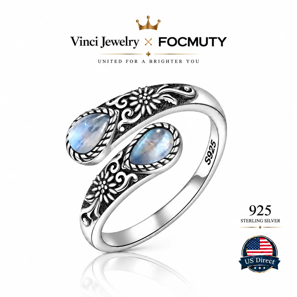 FOCMUTY S925 Sterling Silver Moonstone Synthetic Women's Adjustable Thumb Open Ring, Victoria Vintage Style Hypoallergenic Nickel Free, Retro Floral, Lucky, Faith, Mother's Love Ring, Bohemian Style, Daily, Party, Holiday, Valentine's Day, Halloween