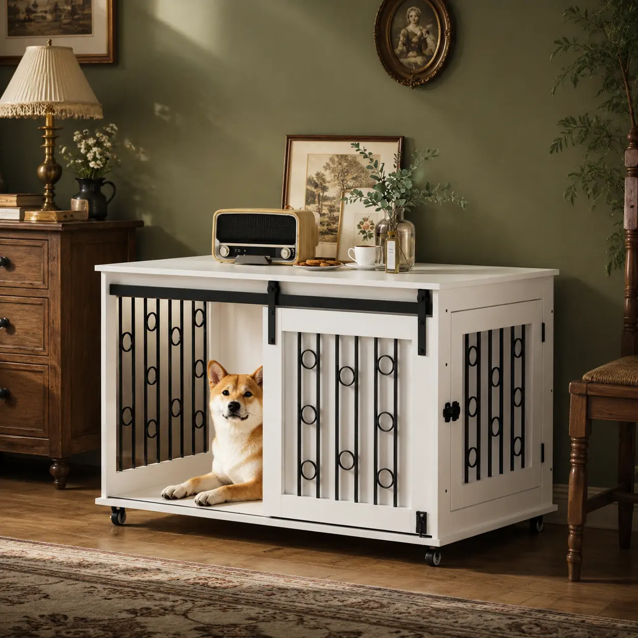 littleox 39.37 Inch Modern White Wooden Dog Crate Furniture with Sliding Barn Door and Side Door Indoor Kennel End Table for Small to Medium Dogs Decorative Pet Crate with Metal Bars and Lockable Wheels