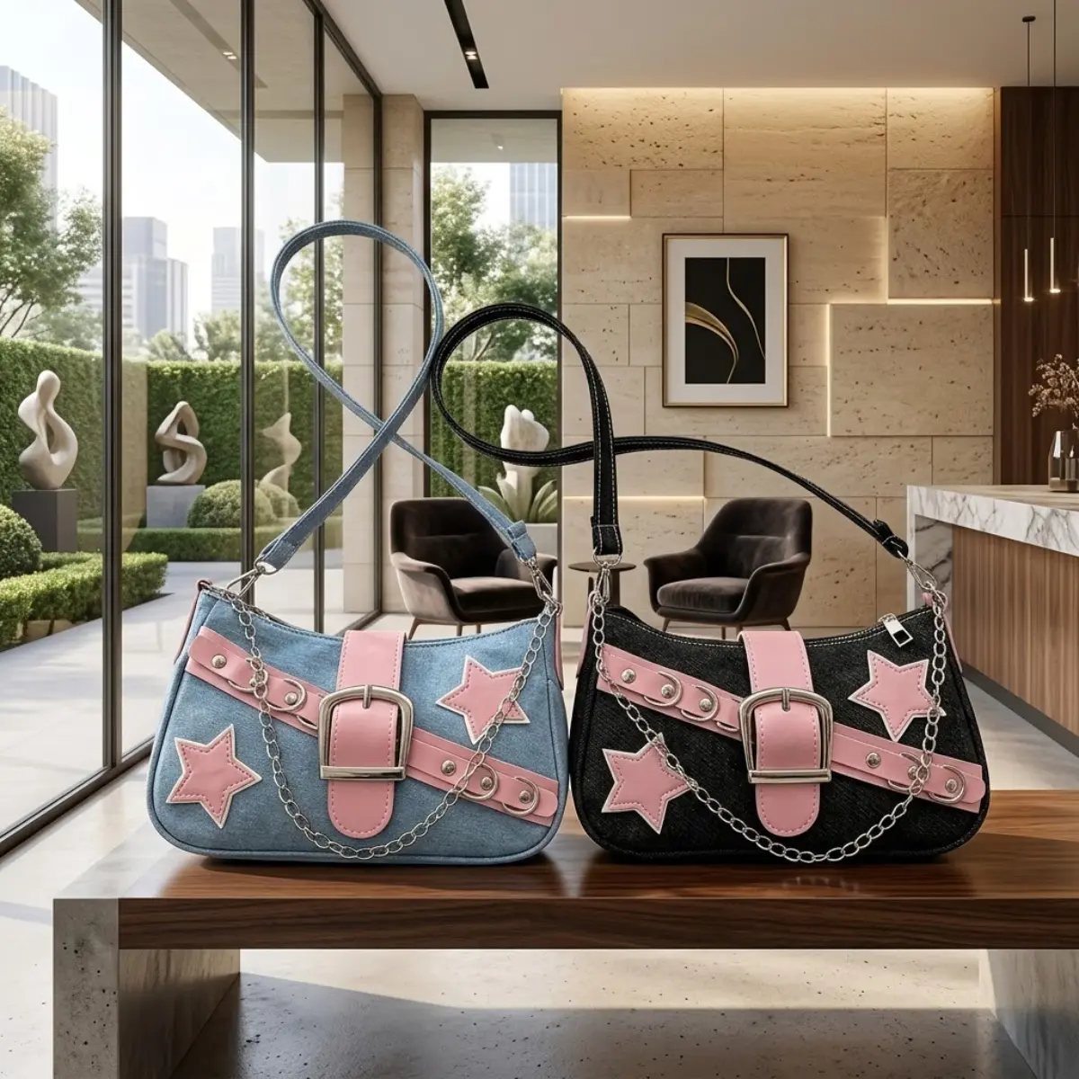 Y2K Denim Shoulder Bag for Women, Cute Star Patch Underarm Purse with Chain Strap, Vintage Mini Handbag, Trendy Aesthetic Fashion Bag for Daily Outfits, Shopping & Travel