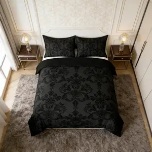 Black Damask Duvet Cover Set,Gothic Vintage Damask Floral Bedding Set,Antique Victorian Baroque Quilt Cover,Man Woman Adults Room Decor,No Comforter