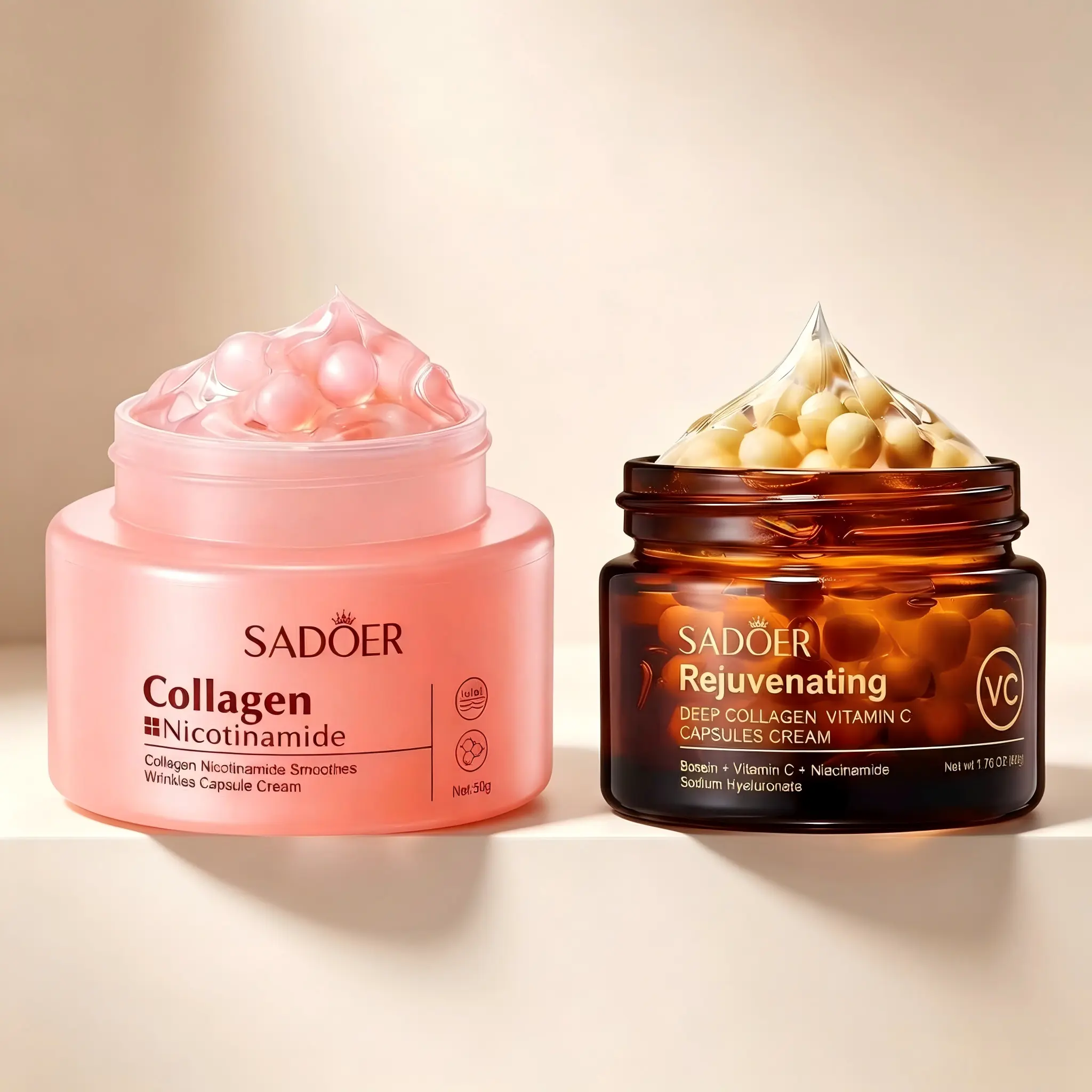 Dual Cream Skincare Set with Collagen, Vitamin C & Hyaluronic Acid - Deeply Hydrating & Nourishing Moisturizer for Combination Skin, AM/PM Daily Use, Moisturize, Hydrate, Dual Creams