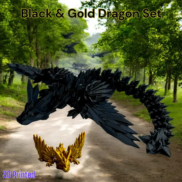 Black & Gold Combo 3D Print Articulating Dragons - Handcrafted Dragon Sculptures Decor Plastic