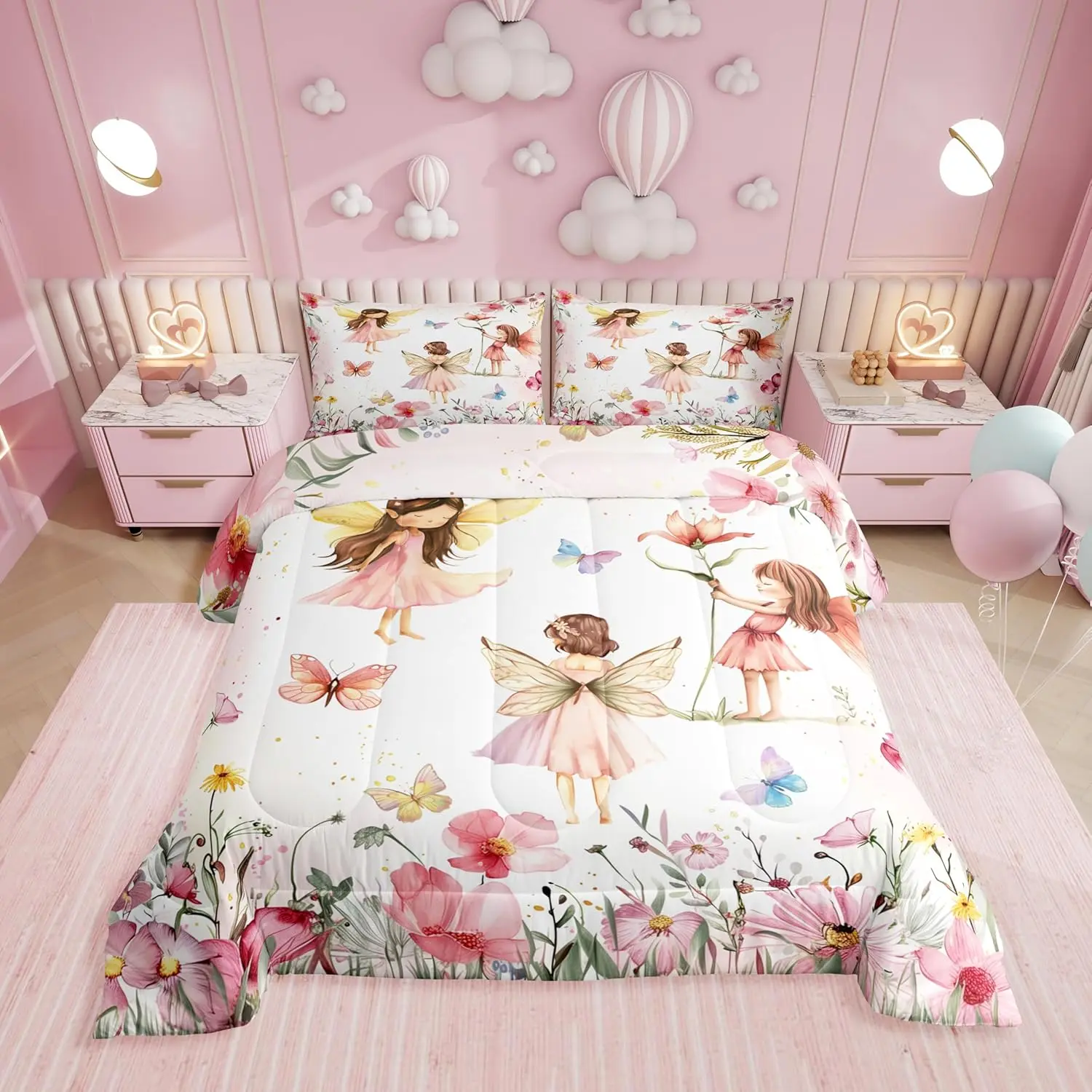 Feelyou Dreamy Pink Fairy Garden Comforter Set - Cute Floral Butterfly Queen Bedding, Quilt Bedding Option, Bedding Sets, Quilt Bedding Set