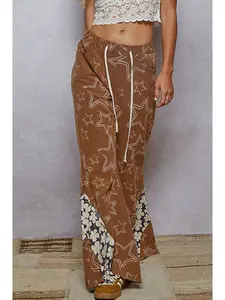 Pol Rustic Brown Vintage Washing Star Pattern Edge Cut Flared Knit Pants