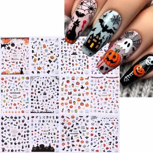 Halloween Nail Art Stickers Set, Diverse 3D Ghost Pumpkin Skull Skeletons Witch Cat Designs, Matte Self-Adhesive DIY Decorations for Women & Girls