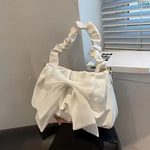 Cute Bow Accent Cloud Crossbody Bag, Ruffle Handle Small Shoulder Purse, Solid Color Minimalist Handbag for Women Daily Casual & Dating Use