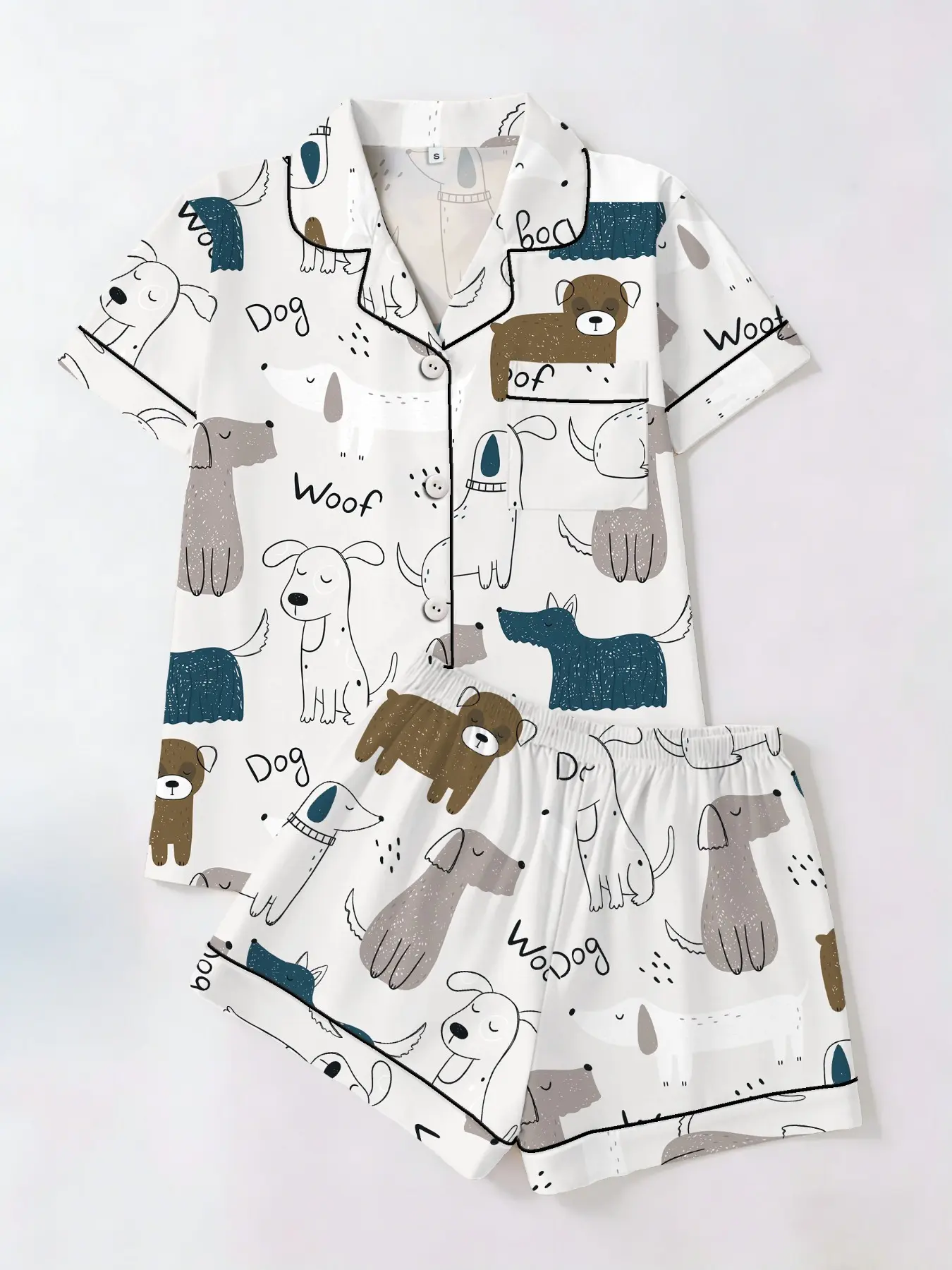 Tiktok Trendy Soft Puppy Graffiti Print Short Sleeve Shorts Set, Casual Fitted Women's Sleepwear Home Wear Loungewear Pajama Set Two-Piece Suit