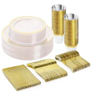 150-piece plastic tableware set (for 25 people), transparent gold disposable plates, suitable for parties, weddings, Christmas, anniversaries, includes: dinner plates, dessert plates, cups, spoons, forks, and knives