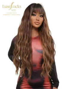 Golden Brown Balayage Long Wavy Wig with Bangs Layered Heat Resistant Synthetic fiber Wig for Black Women Natural Soft Glam Style 26 Inches Loose Wave elegant daily wear lady girl