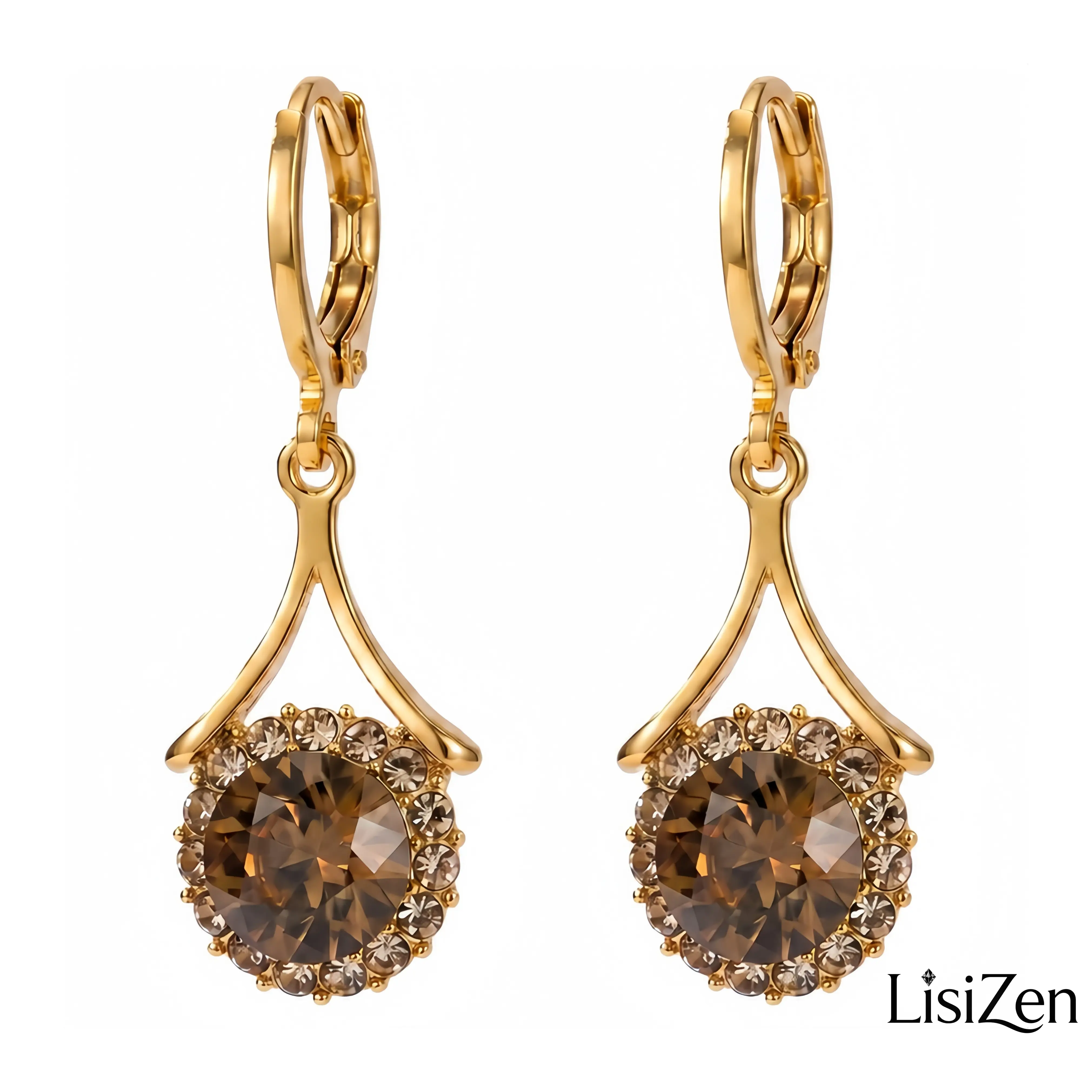 Caramel Water Drop Earrings 14K Gold Plated Round Hoop Design, Chic Fashion Jewelry Anti-Loss Secure Style Earrings New Trend Rhinestones Luxurious DZEH2142