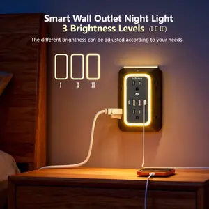 Outlet Extender Multifunctional Power Strip with Night Light,6 AC Surge Protector Outlets with 4 USB Ports (2 USB C), 3-Sided 1050J Multi Plug Wall Outlet , Spaced Outlets for Home Travel Office(Black)