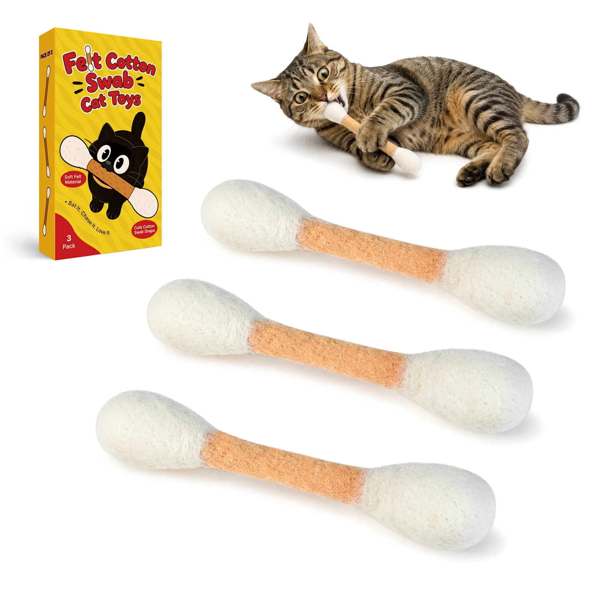 Potaroma 3 Pack Natural Felt Cotton Swab Cat Chew Toys with Natural Catnip, 5.7in, Soft Teething Pet Toys for Indoor Kittens & Adult Cats, Reusable Scent Storage Bag Included