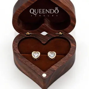 QUEENDO Real Gold Plated Bezel-Set Heart Stud Earrings | Minimalist Sparkle Studs for Daily Wear & Gifting