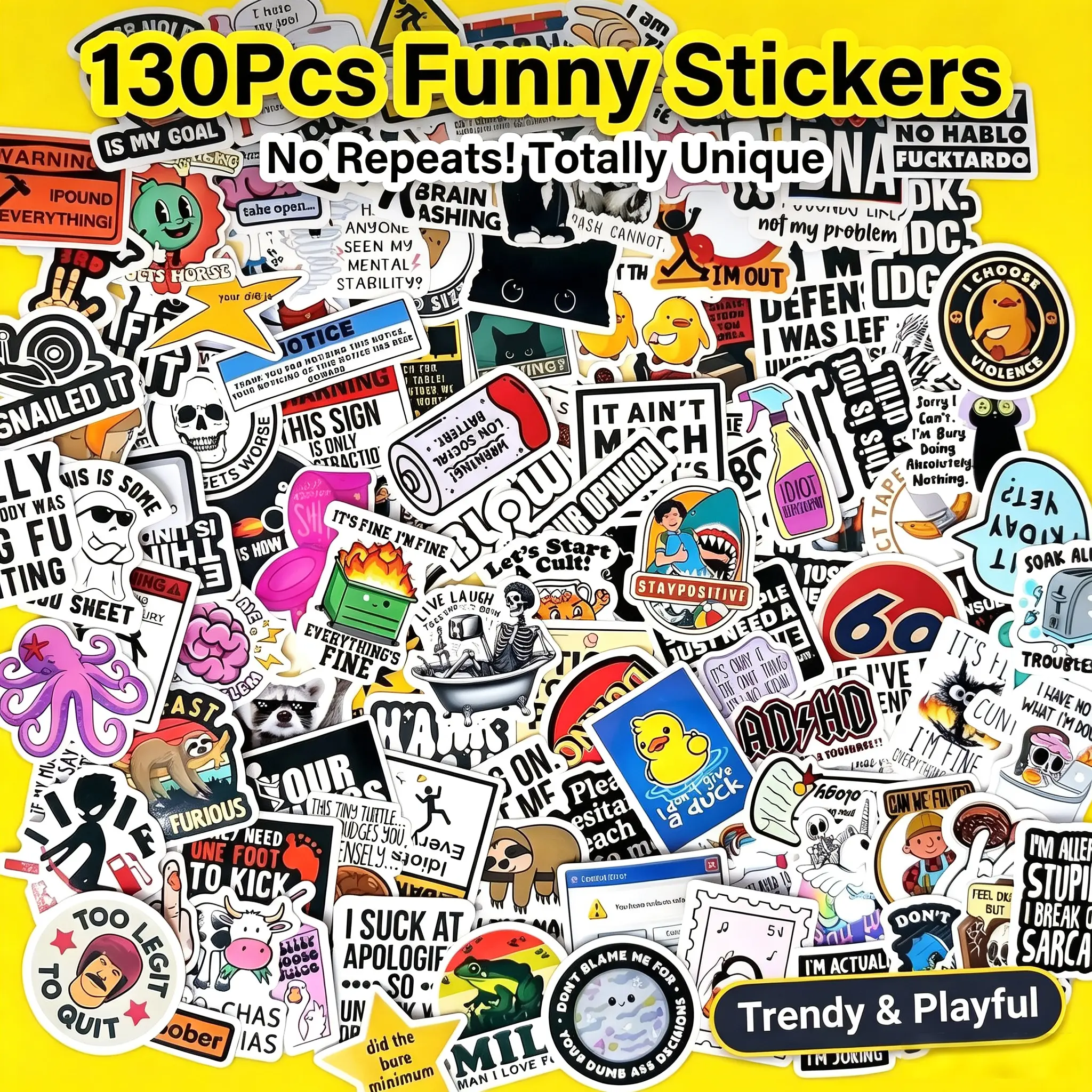 130PCS Funny Meme Saying Stickers Pack, Sarcastic & Snarky Bold Humor Waterproof Vinyl Decals, DIY Stickers for Laptops, Water Bottles, Phones, iPads & Folding Chairs