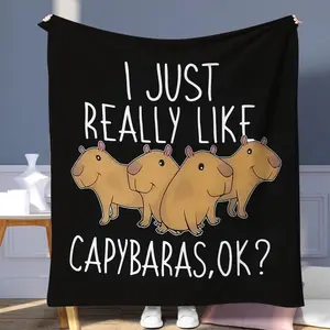 Cartoon Capybara & Letter Pattern, Casual Soft Throw Blanket, Napping Blanket for Home & Office & Camping, Fluffy Blanket