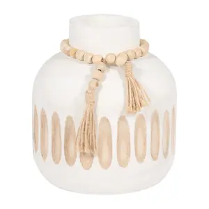 Sagebrook Home 18450-02 8 in. Paulownia Wood Round Ridged Vase with Tassels, White