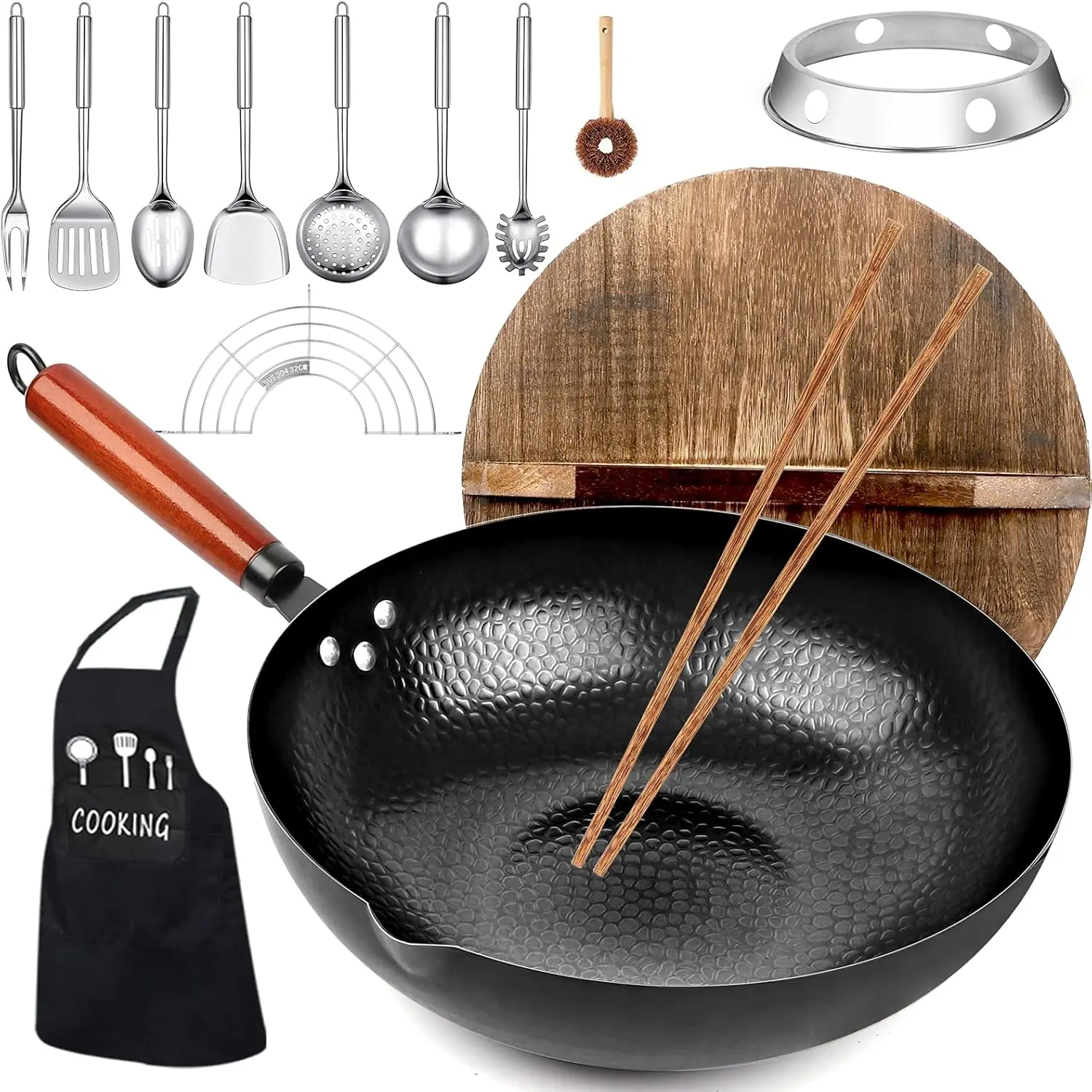 14 Piece Carbon Steel Wok Pan, Woks & Stir-Fry Pans Set with Wooden Lid Cookwares, No Chemical Coated Flat Bottom Chinese Pan for Induction, Electric, Gas, Halogen All Stoves - 12.6'' kaqinu