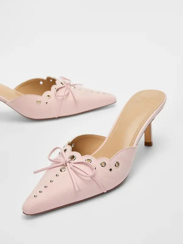 JUST FAB Women's Elegant Eco Leather Kitten Heel Mules - Pointed Toe Slip-On, Scalloped Topline, Bow Detail, Narrow-Friendly Dress Shoes for Date Nights, Summer Fashion (Wide Feet PLS SIZE UP)