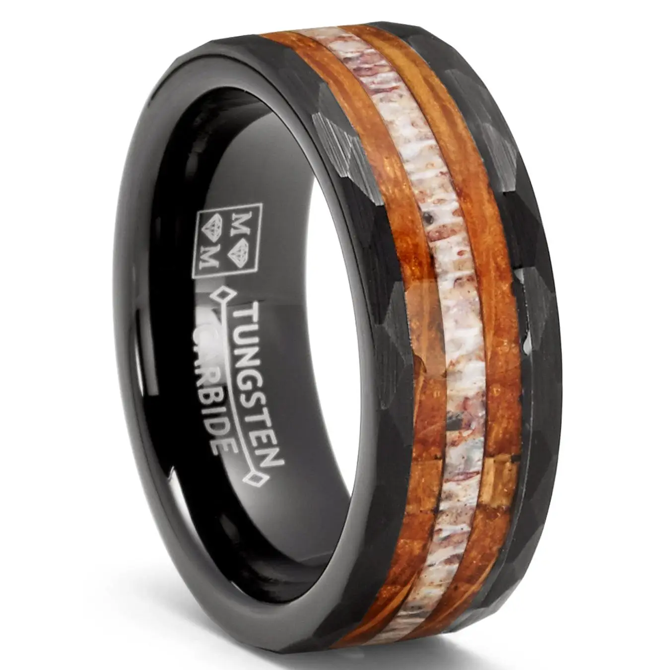 Mens Deer Antler Whiskey Barrel Tungsten Carbide Ring Hammered Wedding Band 8MM