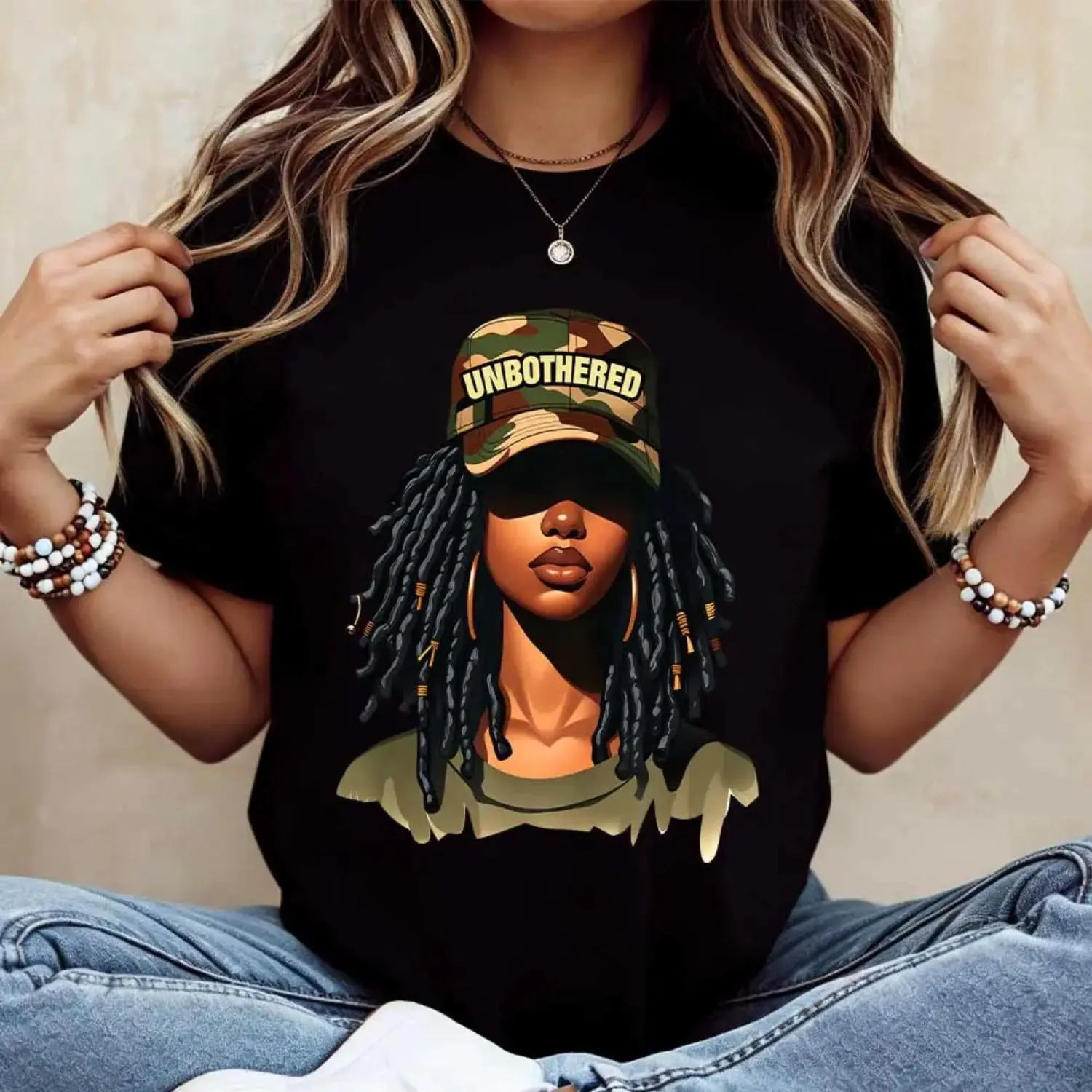 Women Casual T-Shirt White Unbothered Girl With Dreads And Camo Hat Graphic Print For Everyday Wear