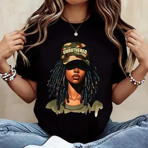 Women Casual T-Shirt White Unbothered Girl With Dreads And Camo Hat Graphic Print For Everyday Wear
