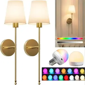 Set of 2 Gold RGB Wall Sconces — Rechargeable, Cordless, Battery-Powered Wall Lights (with Remote Control) | 15-Color Dimmable & Color-Changing Ambient Lighting | Ideal for Bedrooms, Living Rooms, Hallways, Apartment Decor, and Gifting