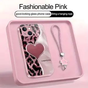Suitable for [iPhone 13 Mini] high-end phone case，a beautiful four-leaf clover lanyard is included,simple leopard print heart pattern,a variety of colors are available for you to choose from YM99