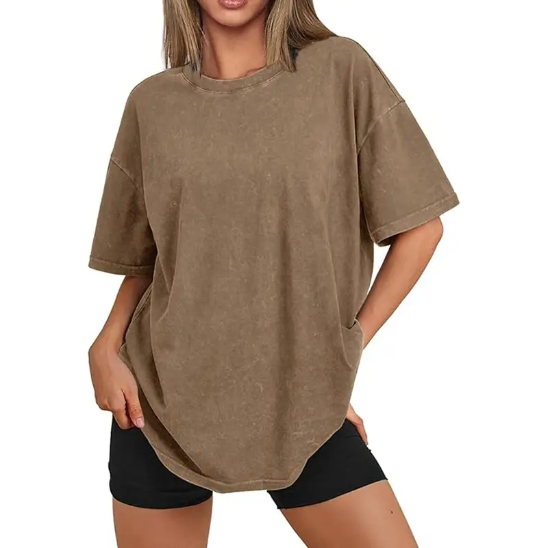Holafish Women's Oversized Cotton T-Shirt - Unisex Casual Minimalist Baggy Round Neck Basic Solid Acid Washed Retro Streetwear Crewneck Top AG