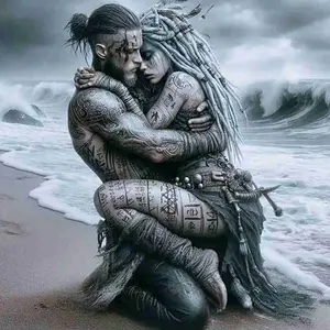 5D Full Drill Diamond Painting Cross Stitch Kit - Viking Couple Embracing on Stormy Beach with Tattoos, Round Acrylic Diamonds, Norse Mythology Themed DIY Art, Ideal Gift for Viking & Craft Enthusiasts