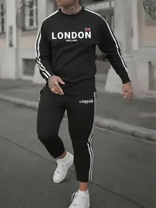Men's Autumn Clothing Set, Loose Fit Striped Long Sleeve Sweatshirt & Pants, London Letter Print, Casual Sportswear